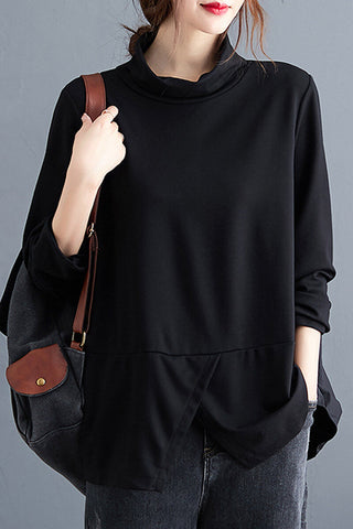 Blouse de bureau noire à col montant, manches longues, poche avant kangourou
