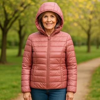 Veste légère à capuche matelassée rose poudré avec zip, manches longues, coupe droite