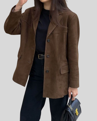 Veste blazer vintage marron, col cranté, patte boutonnée et poches plaquées