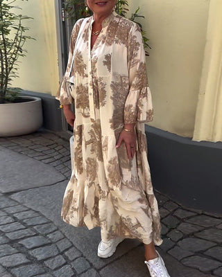 Robe Maxi avec Imprimé, Manches Volantes & Col Montant – Élégante & Aérée
