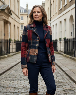 Veste à carreaux Ruby™ multicolore, col châle, manches longues, boutons visibles