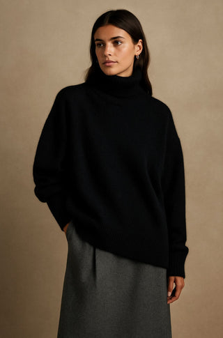 Pull femme noir en maille, col montant haut, manches longues