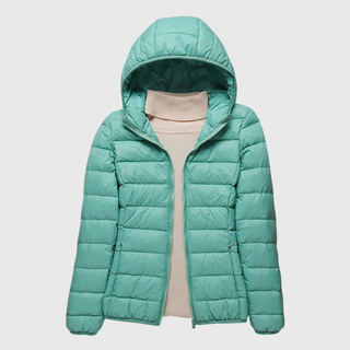 Veste matelassée ultra-légère à capuche, vert menthe, fermeture zippée.