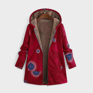 Veste chaude à capuche rouge, motifs ronds bleu, doublure marron, fermeture éclair