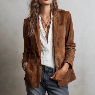 Veste blazer croisée marron, coupe oversize, boutons dorés, poches à rabat