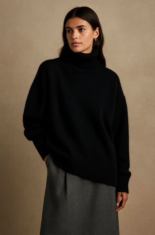 Pull en tricot col roulé noir, manches longues, bords côtelés