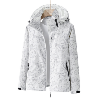 Veste coupe-vent imperméable à capuche, blanc à imprimé feuilles, fermeture zippée.
