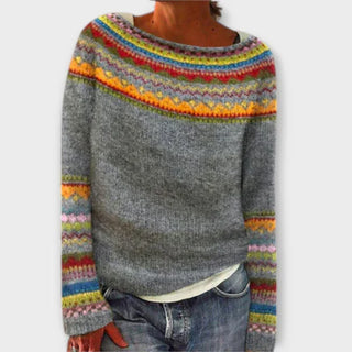 Pull vintage gris à motif multicolore, col et bandes tricotées