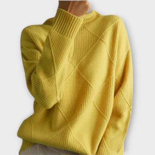 Pull à col haut confortable en maille côtelée jaune, motif losanges croisés