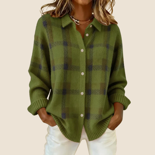 Pull à carreaux rétro vert olive, boutonné devant, col chemise, manches longues