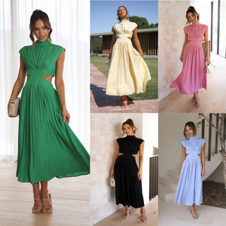 Robe maxi à col montant en plusieurs coloris, taille froncée et jupe ample.