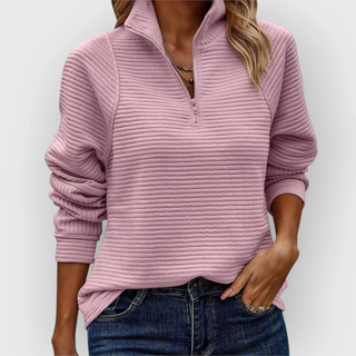 Pull demi-fermeture rose côtelé, col montant à fermeture partielle, manches longues