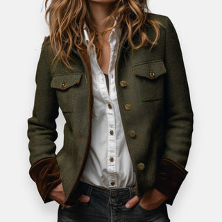 Veste tweed vert foncé Nova™ à poches boutonnées et col châle, détail velours