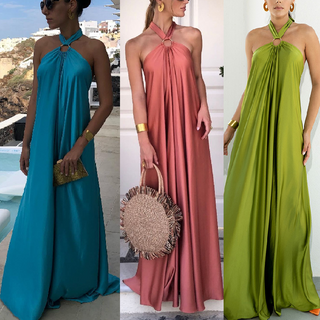 Robe maxi dos nu encolure halter nouée : bleu turquoise, rose et vert