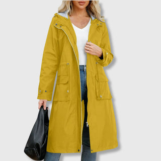 Manteau long à capuche jaune, zip devant et poches latérales