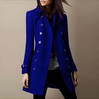 Veste blazer femme bleue à boutons brillants et manches longues, patte centrale