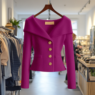 Cardigan en tricot lilas à manches longues, col croisé et boutons nacrés.