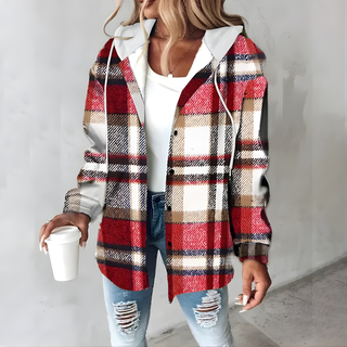 Veste à carreaux rouge et noir, col chemise, manches longues, boutons pression