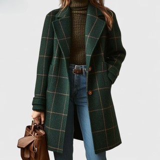 Manteau long en tweed à carreaux vert foncé, col revers, boutonnage devant