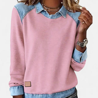 Pull femme rose à col en jean superposé, manches longues, étiquette cuir rectangulaire