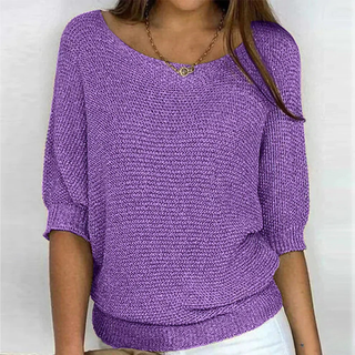 Pull à maille confortable violet, encolure ronde, manches trois-quarts, bord côte