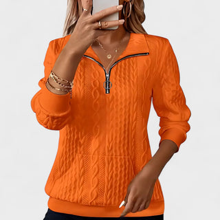 Pull à manches longues orange texturé, demi-zip à anneau et col montant.