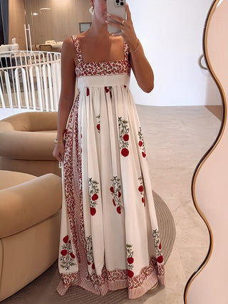 Robe Maxi à Bretelles en Style Boho & Coupe Empire – Motif Floral & Aérienne