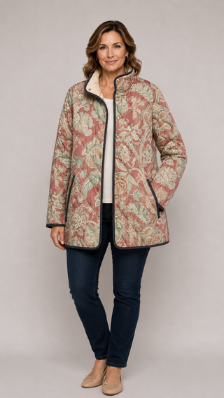Veste matelassée florale vintage ARISBETH™ multicolore, bordure sombre, fermeture zippée
