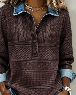 Pull manches longues marron à motif tricot, demi-boutonnage et col chemise