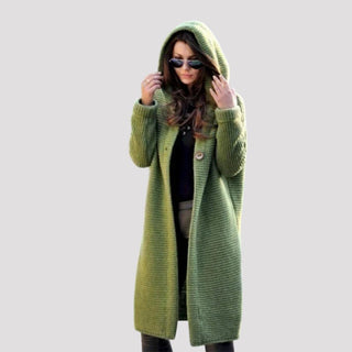 Veste en tricot à capuche vert, fermeture boutonnée, manches longues, mi-longue