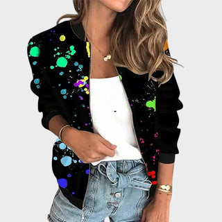 Manteau élégant de printemps à manches trois-quarts, noir avec éclaboussures multicolores