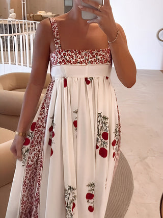 Robe Maxi à Bretelles en Style Boho & Coupe Empire – Motif Floral & Aérienne