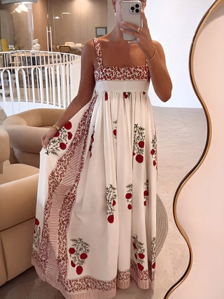 Robe Maxi à Bretelles en Style Boho & Coupe Empire – Motif Floral & Aérienne