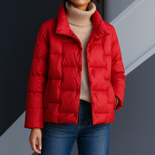 Manteau puffer rouge matelassé à col montant, patte boutonnée