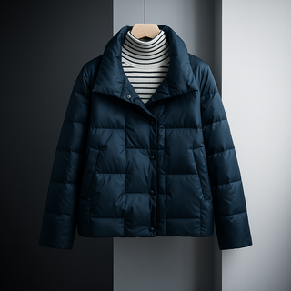 Manteau puffer bleu foncé matelassé, col montant et fermeture par boutons