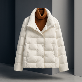 Manteau puffer blanc matelassé, fermeture boutonnée et col montant
