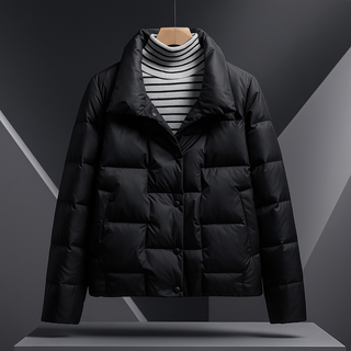 Manteau puffer noir matelassé, col montant et patte de boutonnage