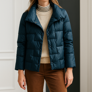 Manteau puffer bleu foncé matelassé, manches droites et boutons visibles