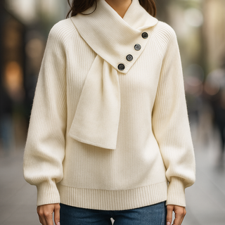 Pull femme ivoire avec col écharpe boutonné, manches longues, côtes au bas
