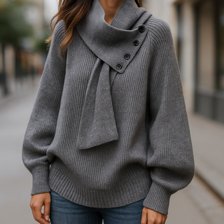 Pull femme gris, col écharpe boutonné, manches longues, tricot côtelé