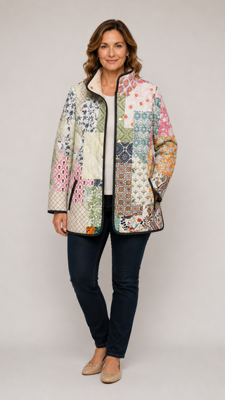 Veste matelassée IVORY™ à imprimé floral patchwork multicolore, fermeture boutonnée.