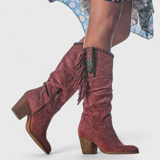 Bottes mi-mollet bordeaux, talon bloc, franges épaisses au niveau du mollet