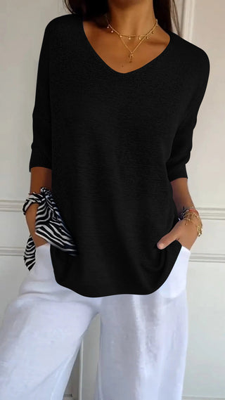 Blouse en maille légère noire à encolure V, manches trois-quarts, coupe ample