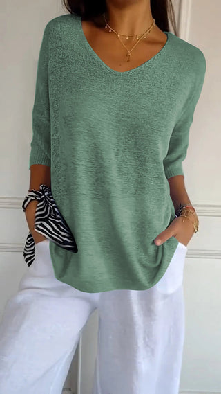 Blouse en maille légère vert kaki à encolure V, manches trois-quarts, coupe ample