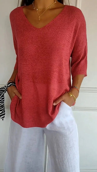 Blouse en maille légère rouge à encolure V, manches trois-quarts, tissu tricot fin