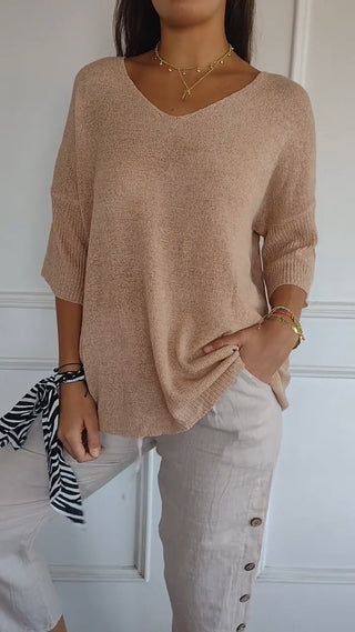 Blouse en maille légère beige, encolure V, manches 3/4, tricot fluide