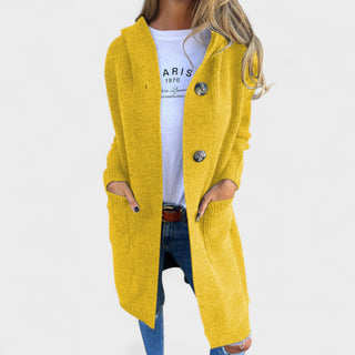 Manteau long jaune à col châle, fermeture boutonnée, manches longues