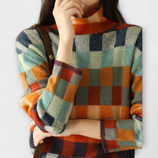 Chemise à col montant en cachemire à carreaux multicolores, manches longues, coupe droite.