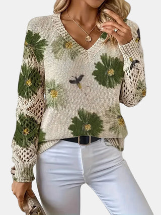 Pull en tricot à col V, fleurs vertes sur fond clair, manches ajourées