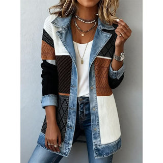Veste en jean à bordures contrastées, panneaux blancs, col châle et boutons.
